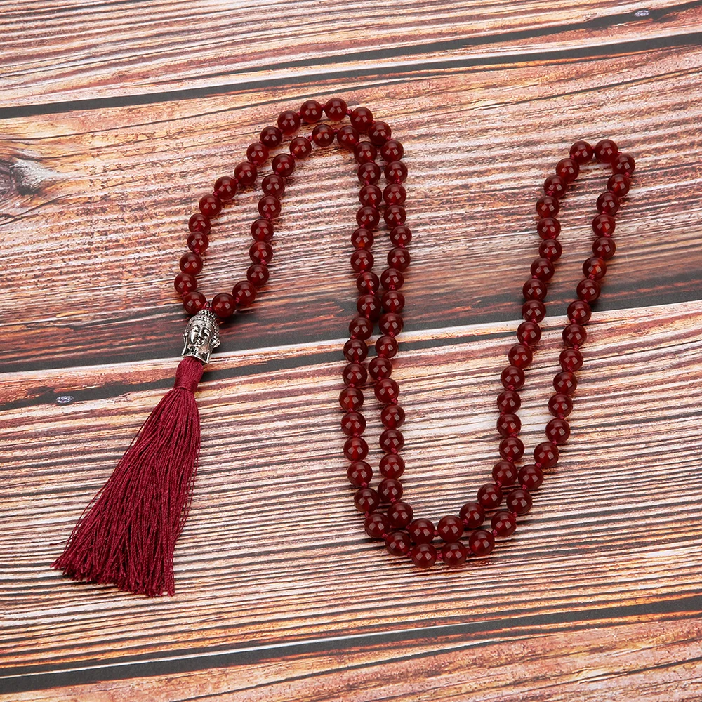 

Bohemian Natural Semi-precious Stone 108 Knot Energy Buddha Head Tassels Sweater Necklace