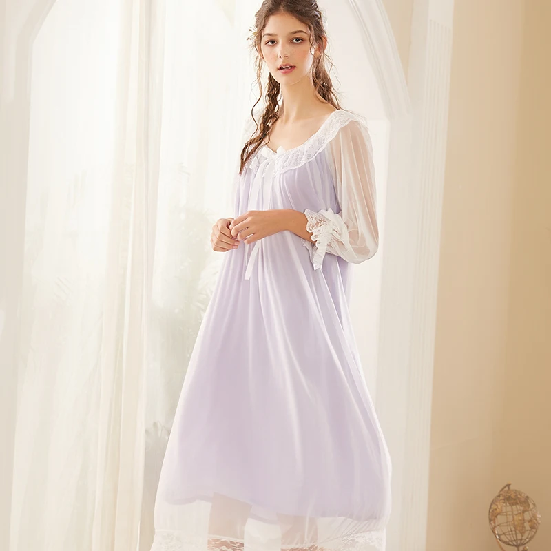 

2020 Summer women`s Long Sleeve Sexy Lace Ice Silk Modal Nightskirt Nightgowns Sleepshirts