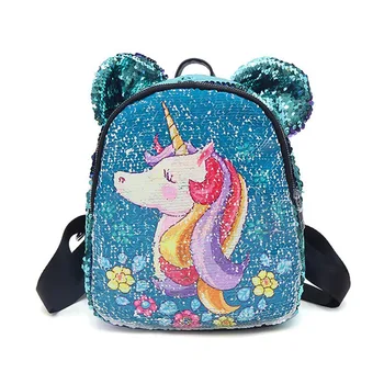 

1 PC Cartoon Unicorn Sequin Double Shoulder Bag Cute Ear Small School Backpack Girls Primary School Bag Women Travel Backpack