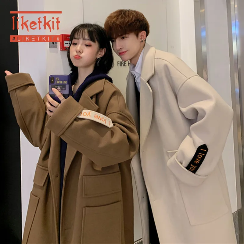 

Liketkit Men's New Wool Overcoat Winter 2019 Male Solid Embroidery Korean Couples Long Trench Men Thick Loose Streetwear Autumn