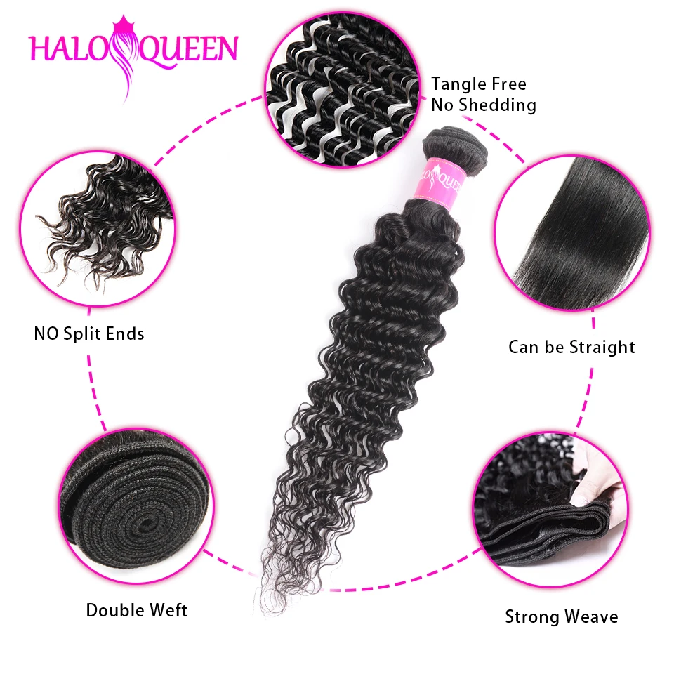HALOQUEEN, 3 предмета, глубокая волна, пряди, бразильские волосы, волнистые пряди, человеческие волосы, натуральный цвет, не Реми, волосы для наращивания, черные