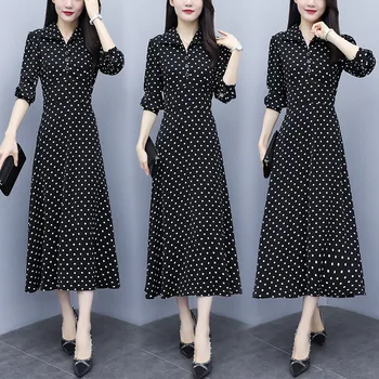 

Women's dress black polka dot chiffon dress spring and autumn new long-sleeved slim fit mid-length female dress vestido