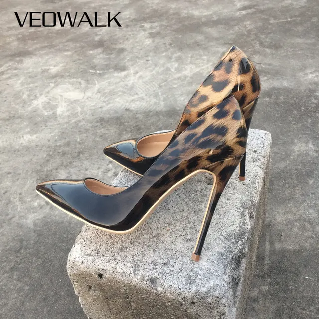 Veowalk Fashion Women Leopard Patent Leather Pumps Pointed Toe 8-12cm Stiletto Ultra High Heel Sexy Ladies Party Shoes Size34-43 1