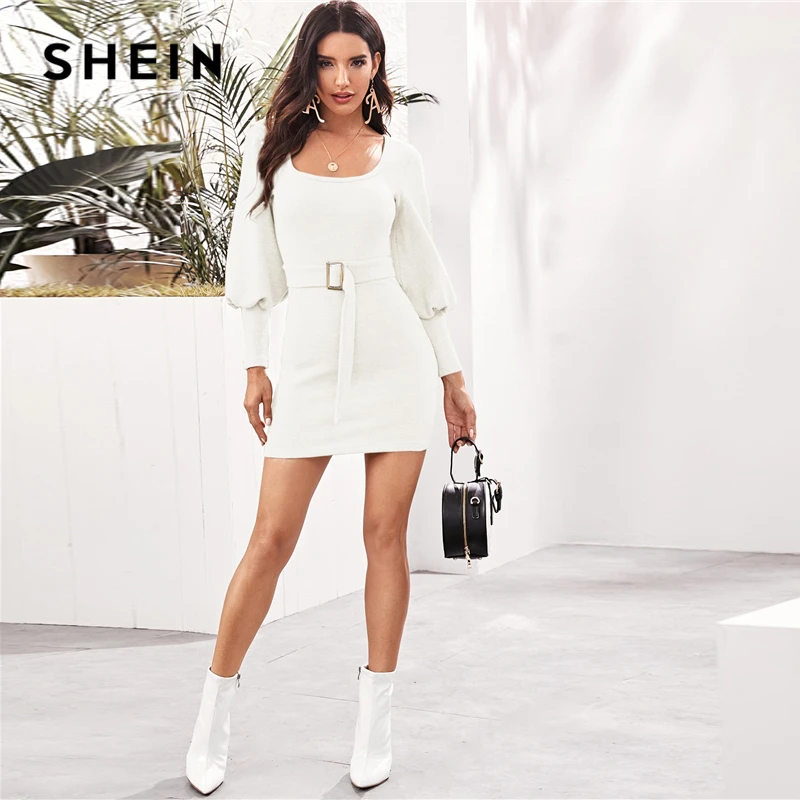 SHEIN круглый вырез ребристый вязаный однотонный облегающий свитер платье с поясом Женская Осенняя уличная Бишоп рукав Bodycon Элегантные платья