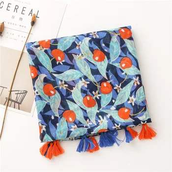 

Designer luxury hijab scarf women winter autumn Spain style brand long blue fruit pattern head scarf Muslim Hijab Snood