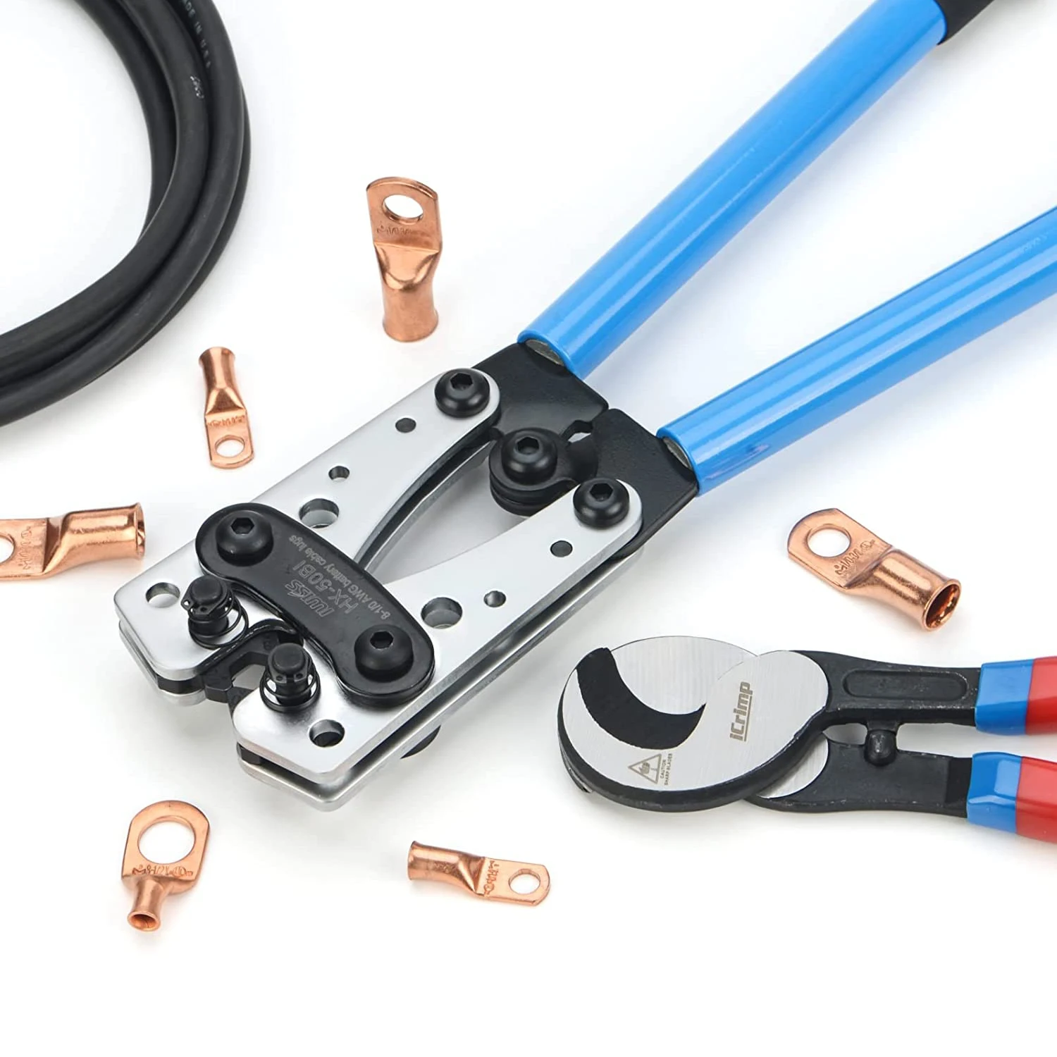 IWISS HX-50BI Battery Cable Lug Crimping Tool from AWG 8- 1/0 with Cable Cutter Pliers Hand Tools Crimp Flat Nose Carbon Steel 4