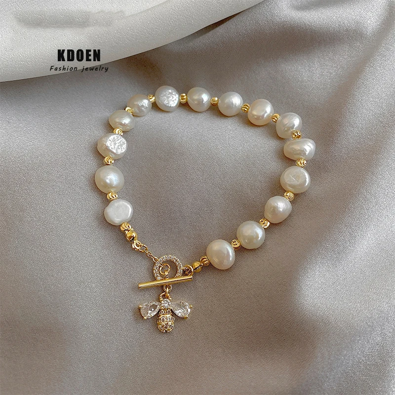 Bracelet Jewelry For Woman Luxury Zircon Bee Pendant Baroque Natural Pearl String