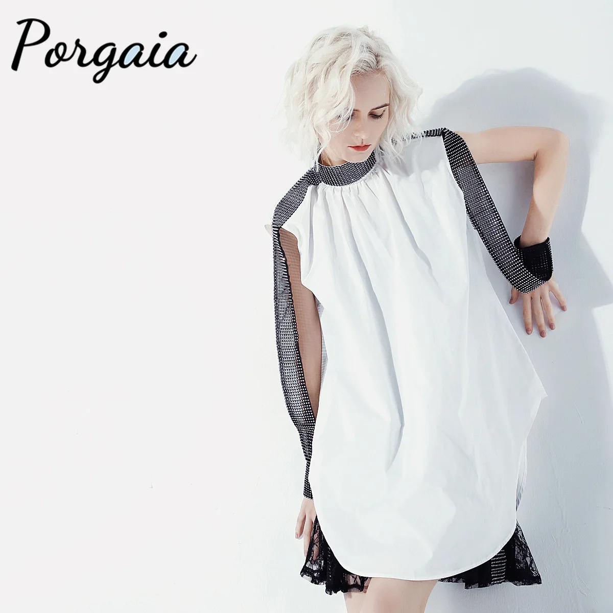 

Porgaia Autumn Turtleneck Empire Regular Above Beading Full Solid A-Line Loose Diamond White Women Korean Dress