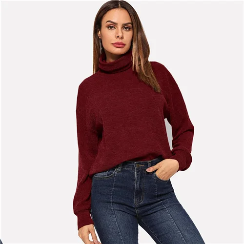 COLROVIE однотонный пуловер с высоким горлом, пуловер с длинным рукавом и высоким горлом, топы, осень, уличная одежда, Женские базовые толстовки - Цвет: Burgundy
