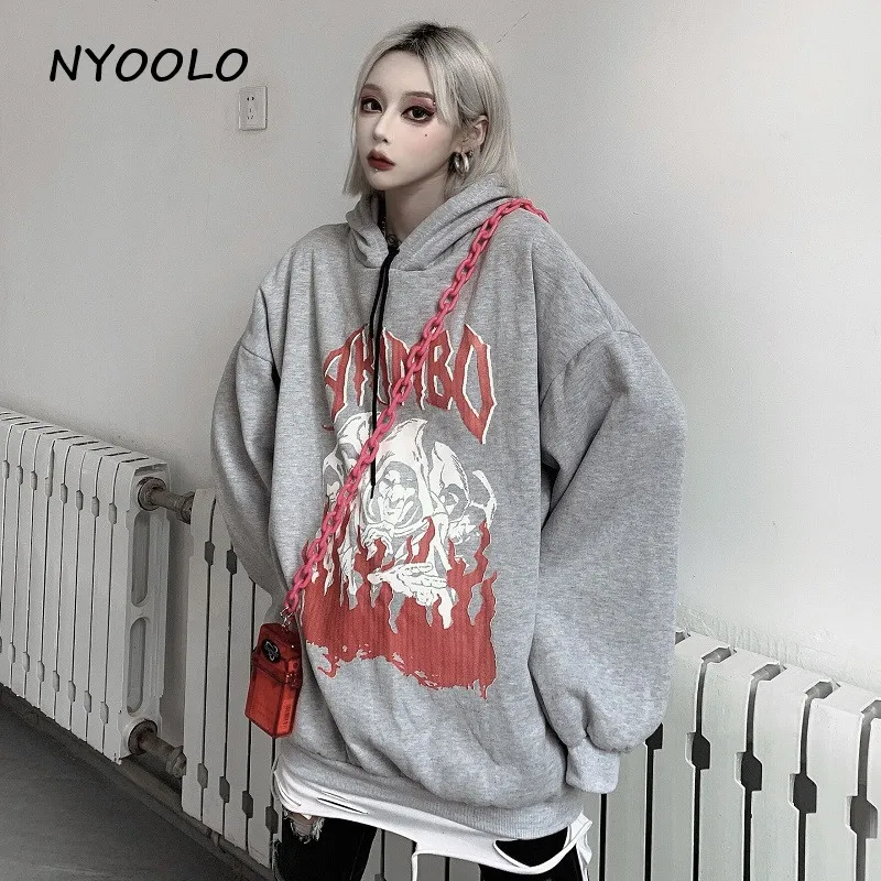 NYOOLO Harajuku уличная пламя демон Письмо печати Свободные толстовки осень зима пуловер с капюшоном утолщаются теплый weatshirt для женщин и мужчин
