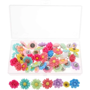 

50Pcs Multi-Colored Metal Resin Flower Decorative Pushpin Set for Wooden Walls Cork Bulletin Boards
