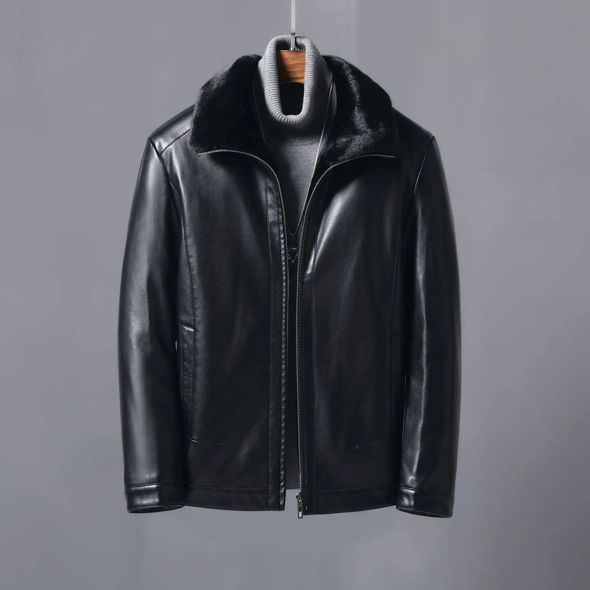 1926 Men's Fur-in-One Sheepskin Coat Middle-aged and Old Aged Men with Thickened Turn-over Collar Winter Leather Jacket