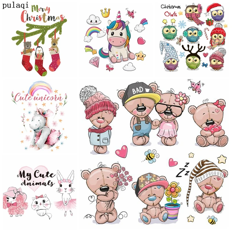 

Pulaqi Christmas Patch Heat Transfer Vinyl Iron on Transfer Cartoon Unicorn Patches for Clothes Thermo Stickers Applique Stripes