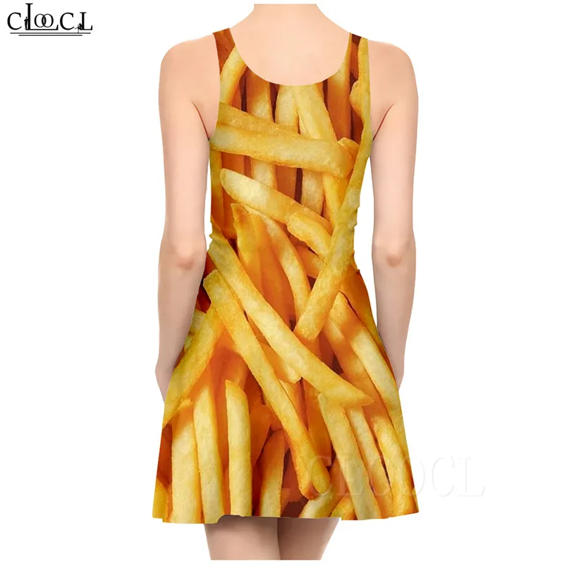 Slim Dress Women Fashion Party Dresses 3D Printed French Fries Pattern Sexy Girl Beach Pleated Summer Beach Dresses robe femme (2)