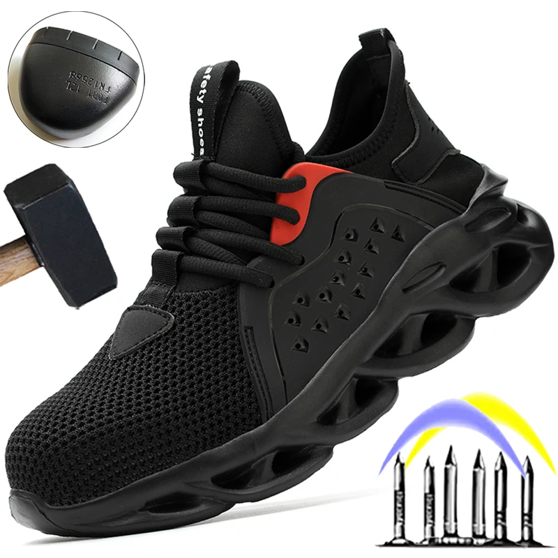 Zapatos de seguridad con punta de acero para hombre, calzado de malla transpirable, antigolpes, ligero, a prueba de perforaciones, cómodo