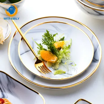 

Ceramic Tableware Plate Marbled Square Round Gold Plated Dish Nordic Japanese Style Western Tablewares