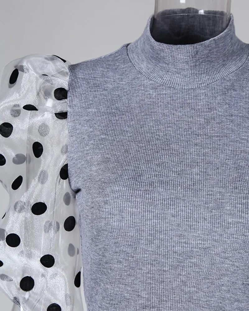 Трендовая Женская одежда, повседневный трикотажный комбинезон с длинными рукавами и воротником-стойкой, пуловер в горошек, боди из полиэстера