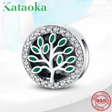 Серебро 925 пробы Дерево жизни зеленый лист прозрачные Клипсы из циркония Подвески подходят отражающие браслеты DIY Ювелирные изделия