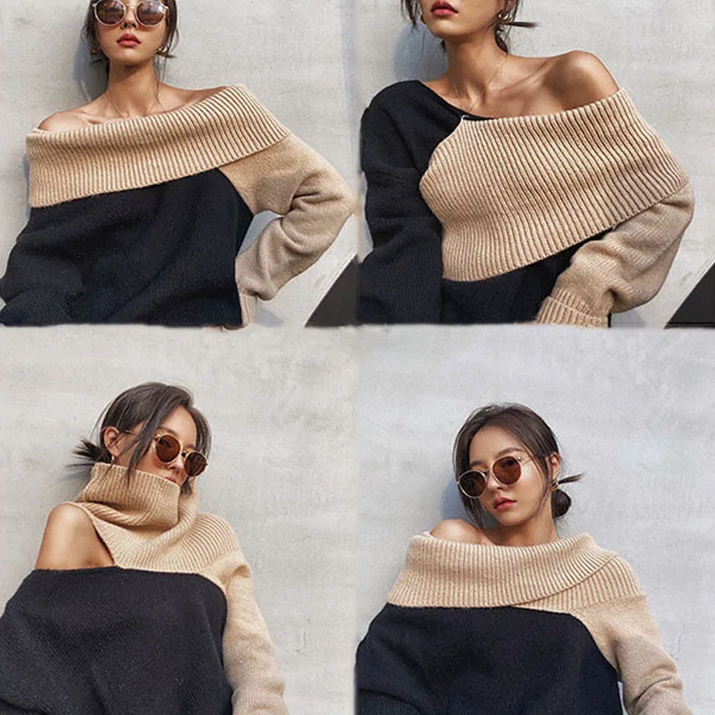 

Winter women color-blocking sweater fashion loose lazy style hedging off-shoulder top all-match casual trendy brand clothing