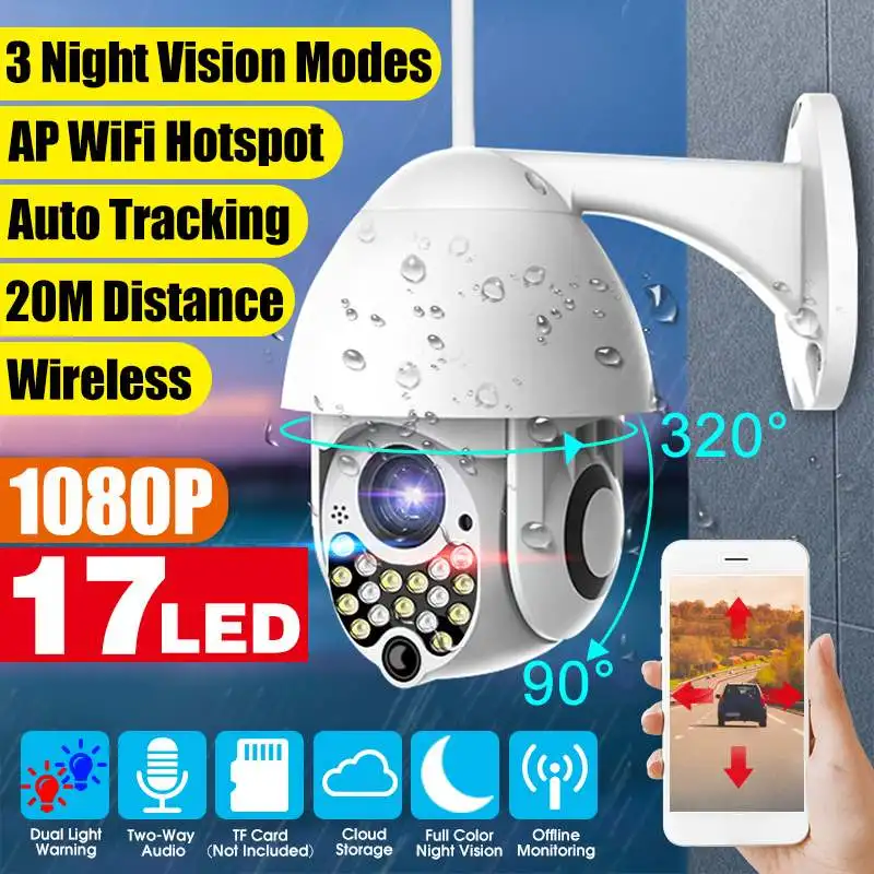 

HD 1080P Security Wifi Wireless IP Camera 17 LEDs 3 Night Vision Modes Smart Wifi IP Camera IP66 Two-way Audio Outdoor Monitor