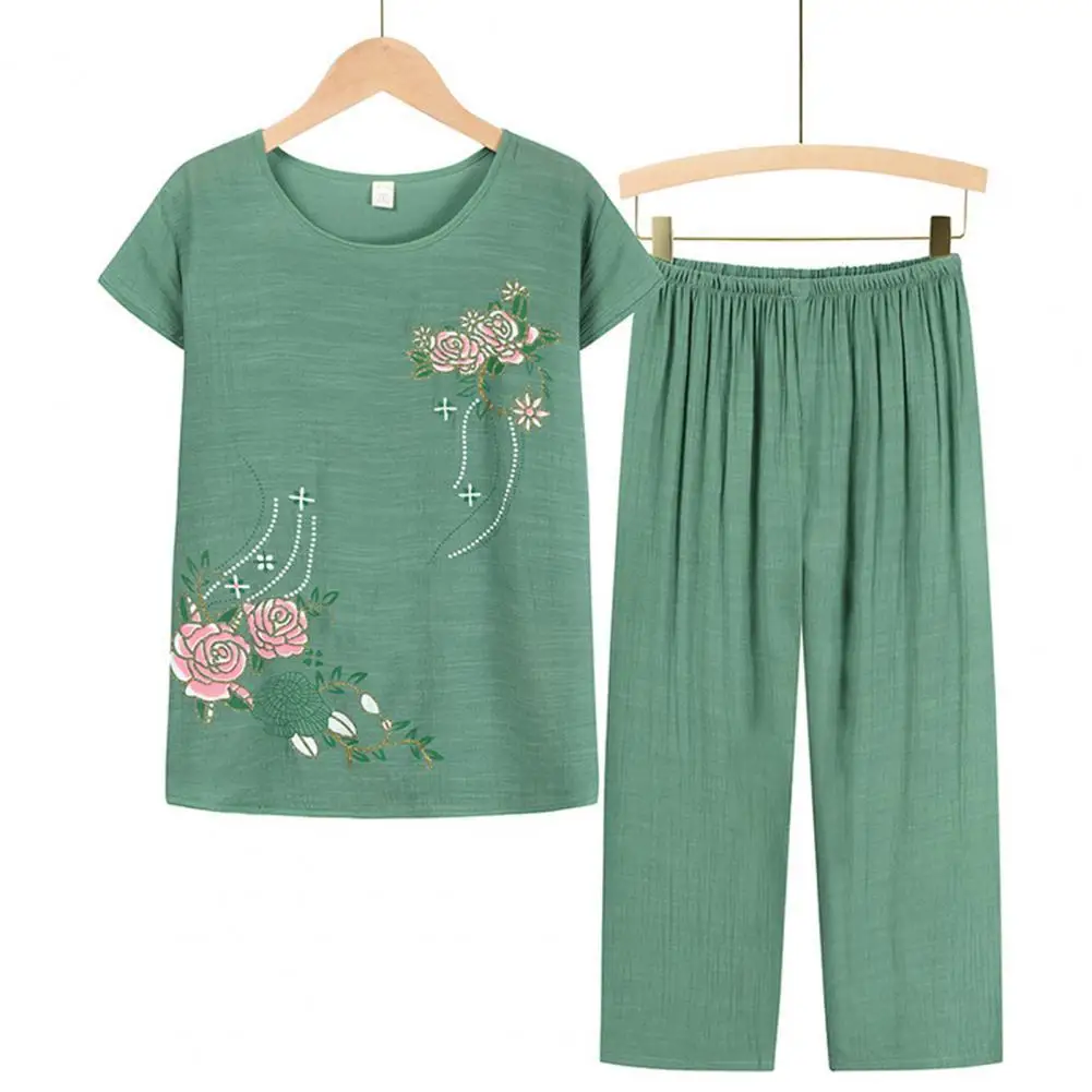 2021 Women Sleepwear Homewear Set Outfit Middle-aged  Loose Short Sleeve Floral Print T-shirt Pants Loose Two Pieces Set Outfit new women s loose modal pajamas hot sleepwear set top women solid 2piece suit full sleeves shirt pant lingerie mom homewear