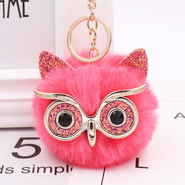 Cute Sequin Ears Owl Keychain Fluffy Artificial Rabbit Hairy Pom-pom Keychain Women's Shoulder Bag Owl Pendant Key Ring