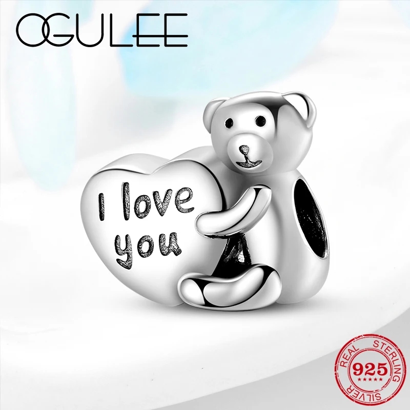 Valentine's Day Gifts 925 Sterling Silver Bear holding a loving heart Beads Charm fit Original Pandora Bracelets DIY Jewlery