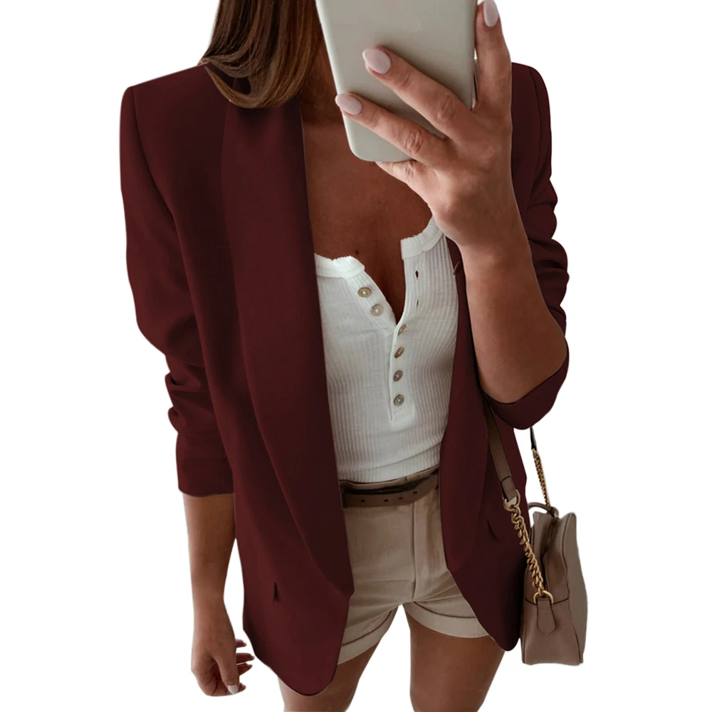 wine red MoneRffi, Женский блейзер, куртка,, костюм, куртка, сплошной цвет, с отворотом, тонкий крой, топы, для женщин, бизнес, офис, пальто, размера плюс, верхняя одежда - Цвет: wine red