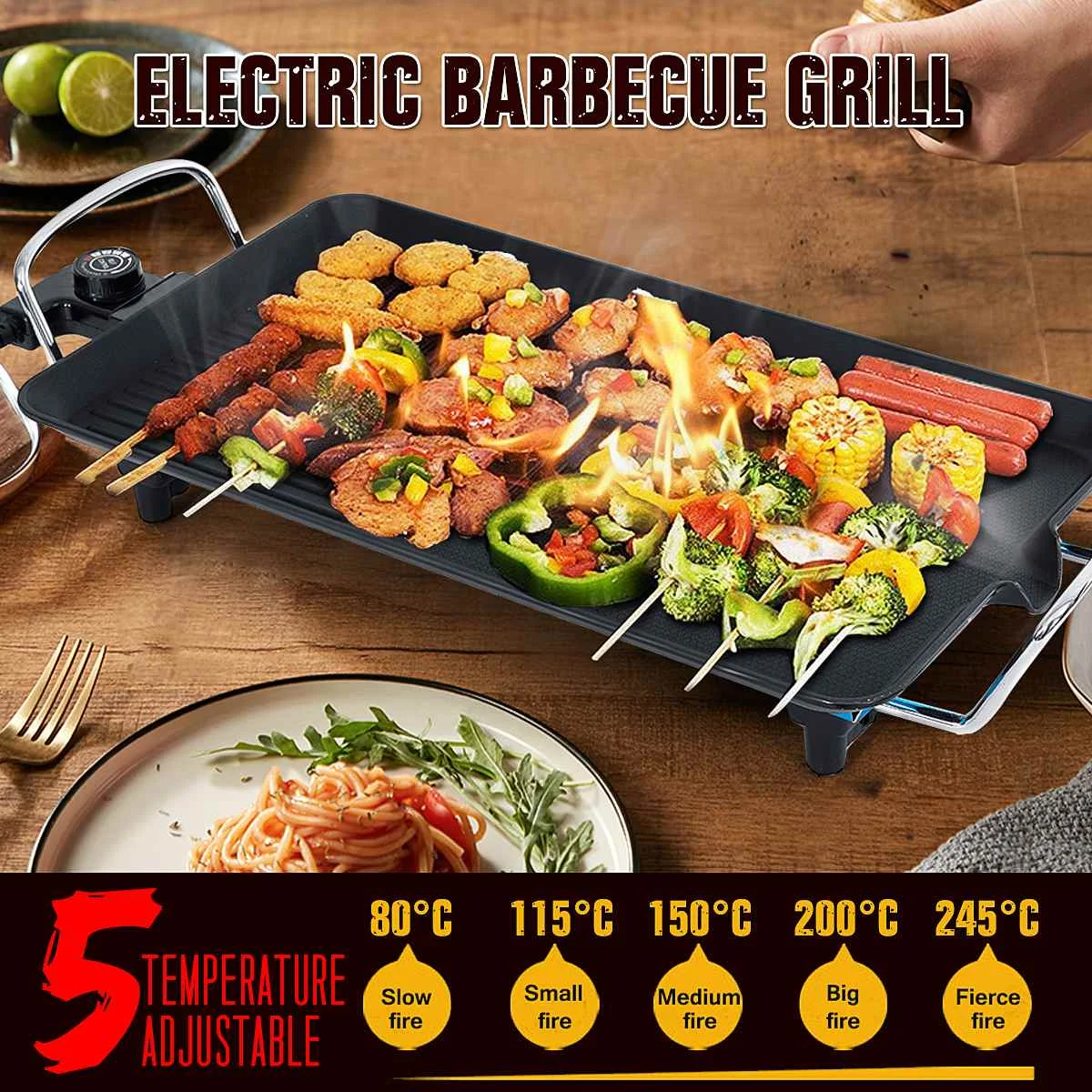 

2000W Electric BBQ Grill Teppanyaki Table Top Non-stick Griddle Hot Plate Cook Anti Slip Feet 5 Adjustable Temperature Control