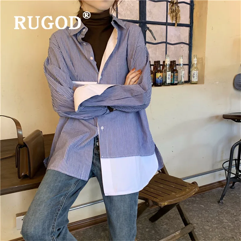 RUGOD полосатая офисная блузка женские блузки с длинным рукавом элегантный топ корейская модная одежда женские рубашки Повседневная Простая рубашка