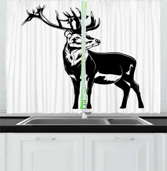 

White Charcoal Grey Moose Kitchen Curtains Monochrome Style Deer Depiction Antlers Plain Background Artwork for Kitchen Cafe De