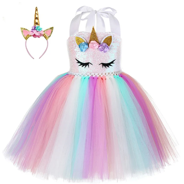 Kids World Book Day Unicorn Costume Girls Birthday Party LED Lights Sequin Rainbow Tutu Dress Shiny Princess Cosplay Costume style-B3