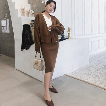 

New arrival holiday outdoor 2 pieces set Double-breasted loose jacket and slim skirt fashion party high quality knit women set