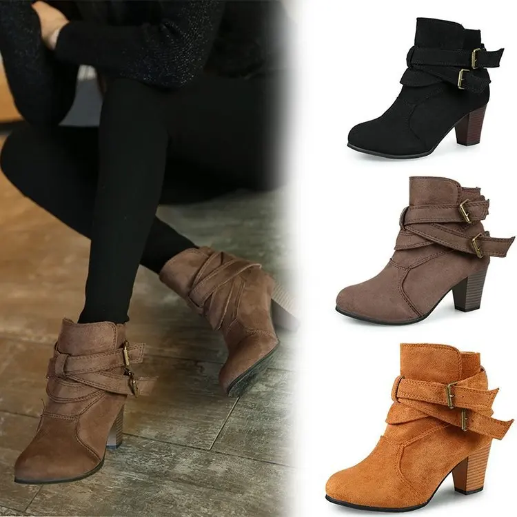 

Suede Ankle Boots Women Thick High Heels Winter Shoes Woman Booties Botines Feminina Plus Size Botas Mujer 569