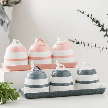 

Japanese Frosted Ceramic Pink Stripe Seasoning Jar Three-piece Set Modern Kitchen Storage Salt Jar Seasoning Herb Box with Tray