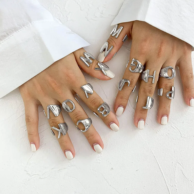 

SRCOI Silver Color Metal 26 Letter Open Hollow Finger Rings 2019 Vintage Adjustable Stacking Wide Chunky A-Z Ring Women Jewelry