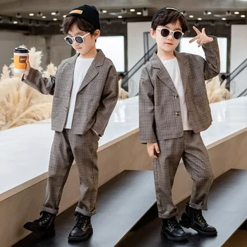

Spring And Autumn Boys Casual Plaid Suit Set New Korean Children's Casual Blazer Pants Clothes Set Kids Party Show Costume