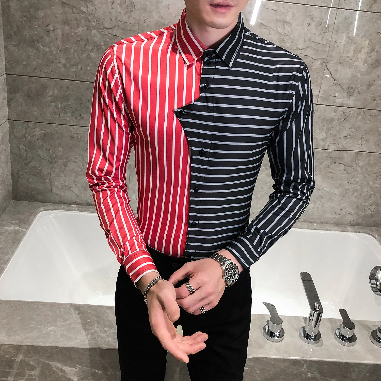 Stripe Stitching Shirt Fashion Floral Shirt Men Slim Fit Casual Men Social Shirt Long Sleeve Night Club Luxury Camisa Masculina Stripe Stitching Shirt Fashion Floral Shirt Men Slim Fit Casual Men Social Shirt Long Sleeve Night Club Luxury Camisa Masculina