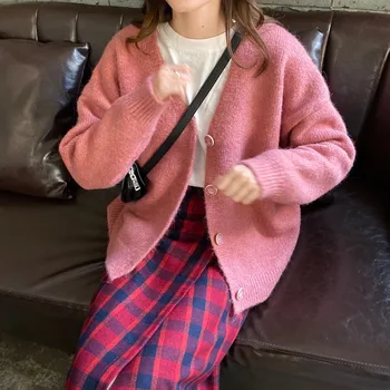 

PEONFLY 2020 Women Autumn Sweater V Neck Knitted Jacket Coat Long Sleeve Solid Color Korean Cardigan Casual Loose Tops Pink