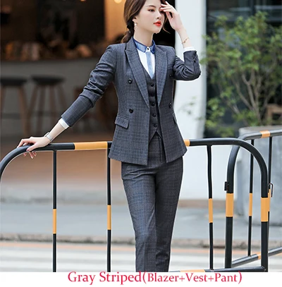 Gray Pant Suits 3 Женский Деловой брючный костюм, модный OL темпераментный клетчатый костюм, деловой костюм для леди, жилет, Блейзер, тонкие брюки, комплект из 3 предметов - Цвет: Gray Pant Suits 3
