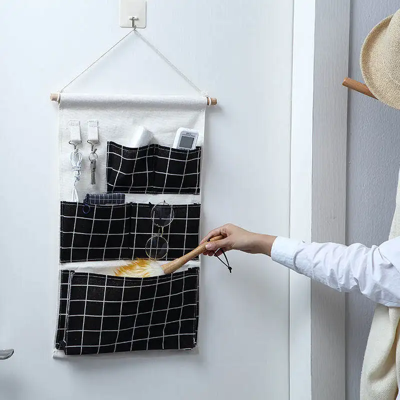 5 Pockets Cotton Linen Fabric Wall Door Hanging Bag Organizer Storage Pouches Wardrobe Closet Storage Bag Sundries Pouches