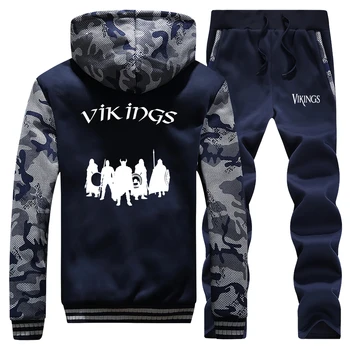 

Men fashion Sportswear sweatpants Sets 2019 winter VIKINGS print Hooded Thick Casual Tracksuit Man 2 Piece Outerwear + pants Set