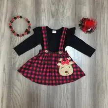 Рождественская детская одежда для маленьких девочек; сезон осень-зима; хлопковая красная клетчатая юбка с оленем и оборками; эксклюзивные аксессуары с длинными рукавами