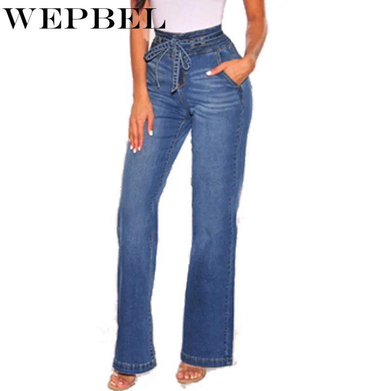 

WEPBEL Spring and Autumn High Waist Belt Pocket Jeans Women's Casual Bleached Washed Vintage Denim Straight Pants