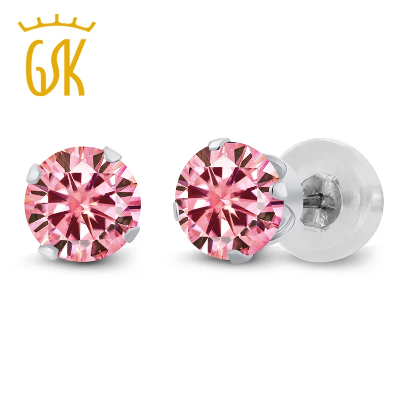 Серьги-гвоздики GemStoneKing 14K белое золото розовые круглые серьги Moissanite 1.00ct красивая