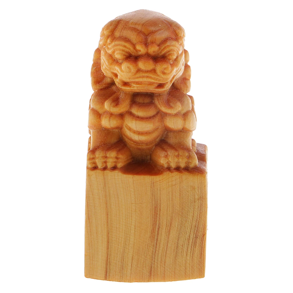 Wooden Lion Seal Statue Feng Shui Decoration For Chinese Culture Lover Fans