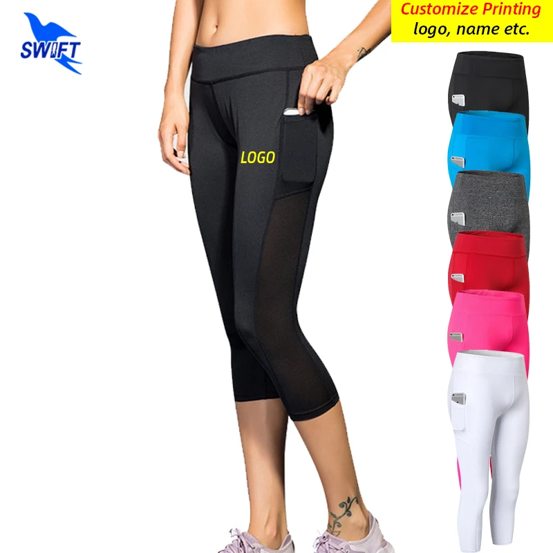 Customize Women Capris Yoga Pants With Pockets Compression Running Tights Sport Gym Fitness Jogging 3/4 Leggings Sportswear