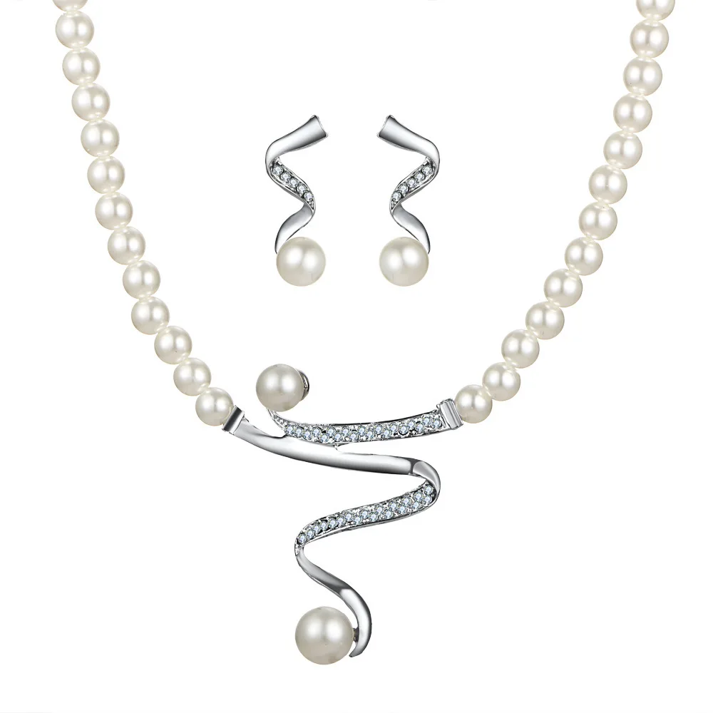 

AliExpress Hot Sales Crystal Diamond Set Pearl Necklace Earrings Pendant 2-Piece Set Bride Marriage Jewelry