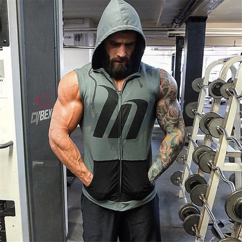 

Bodybuilding Stringer Tank Top with hooded Mens Gyms Clothing Fitness Mens Sleeveless Vests Cotton Singlets Muscle Sports top