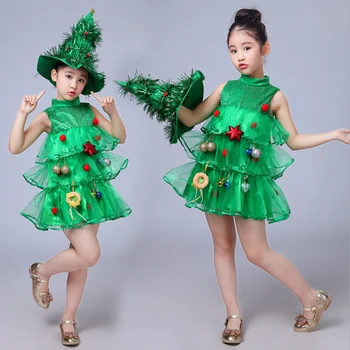 

Girls Christmas Tree Costumes Kids Cosplay Outfit Dress with Hat for Show Performance Party Xmas NIN668